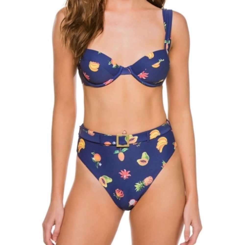 NWT $95 WeWoreWhat Claudia Fruit Navy Bikini Cheeky High Rise Bottom Size Small